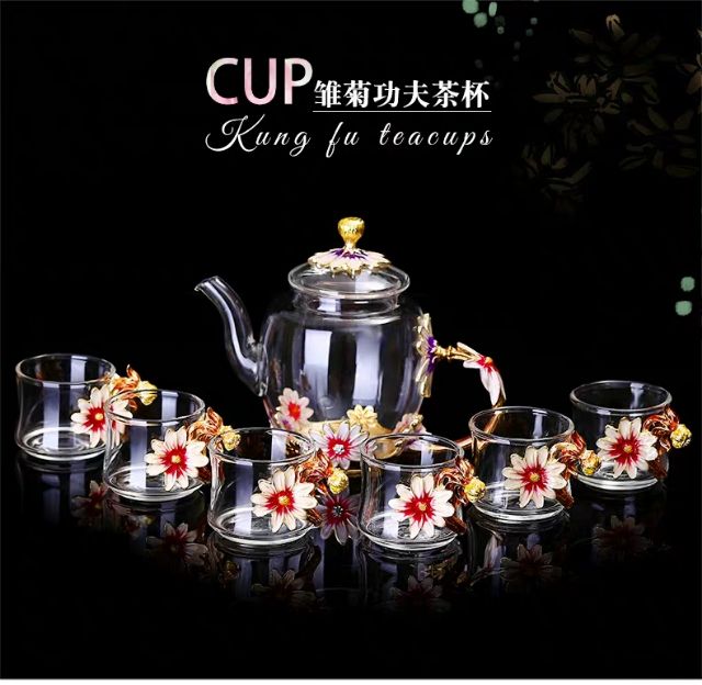 Bộ ấm trà thủy tinh Vạn thọ vô cương có hộp quà tết